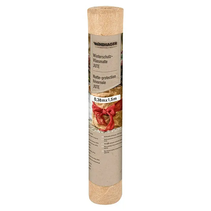 Windhager Jutevliesmatte - L x B: 150 x 38 cm, Natur - Winter jute mat roll with a red bow. A natural and effective protection against the cold for your plants.