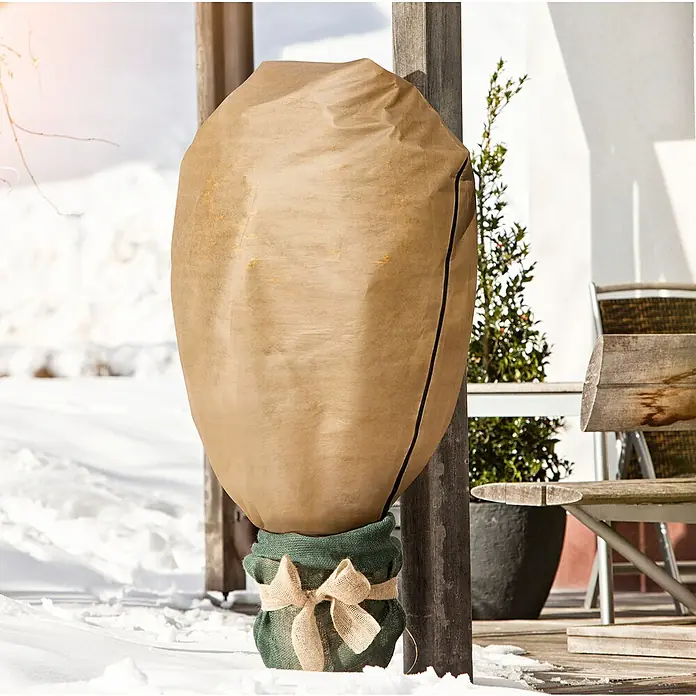 Windhager Haubenvlies Protect - B x H: 1,4 x 2 m, Beige, 50 g/m² - Winterschutz für Pflanzen. Die Pflanze ist mit einem braunen Sack und einem grünen Jutesack mit Schleife abgedeckt, um sie vor Frost zu schützen.