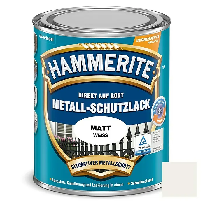 Hammerite Metall-Schutzlack - Weiß, 250 ml, Matt, Lösemittelbasiert - Dose Hammerite Metall-Schutzlack Matt Weiss, ein Rostschutz, Grundierung und Lackierung in einem. Schnelltrocknend und für direkten Auftrag auf Rost.