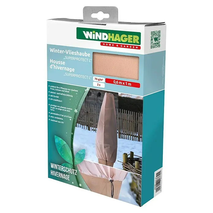 Windhager Winterschutzhaube Superprotect L - Ø x H: 60 x 100 cm, 70 g/m² - Produktbild einer Windhager Winter-Vlieshaube „SUPERPROTECT L“ zum Schutz von Pflanzen im Winter, Packung mit 2 Stück.