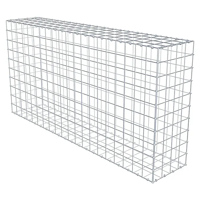 Gabiona Gabione - 200 x 40 x 100 cm, Maschenbreite: 10 cm, Maschenhöhe: 10 cm - Das Bild zeigt einen Gabionenkorb aus Drahtgeflecht, der zur Stabilisierung von Hängen oder als dekoratives Element im Garten verwendet werden kann.