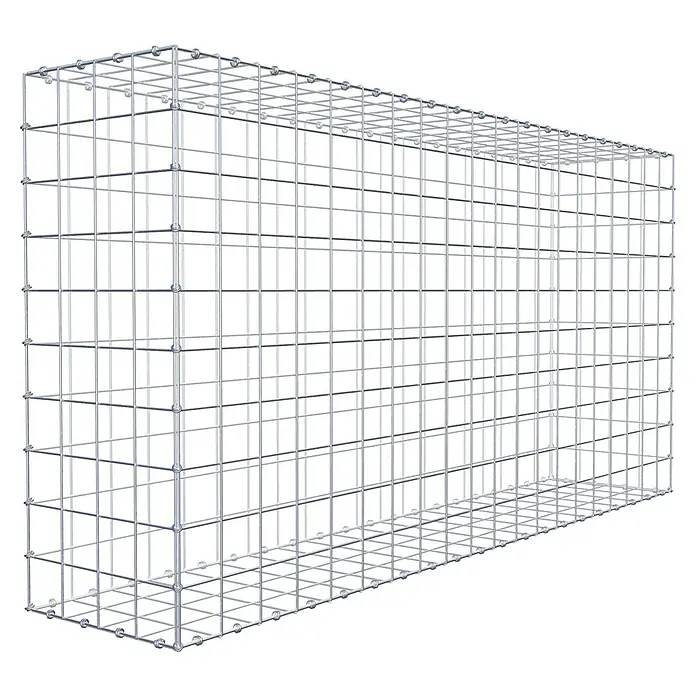 Gabiona Gabione - 200 x 40 x 100 cm, Maschenbreite: 10 cm, Maschenhöhe: 10 cm - Nahaufnahme eines rechteckigen Gabionenkorbs aus verzinktem Drahtgeflecht, ideal für den Garten- und Landschaftsbau.