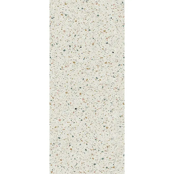 Grosfillex Wandpaneel Element 3D - Terrazzo White, 2.600 x 375 x 8 mm - Nahaufnahme eines Terrazzo-Musters mit cremefarbenem Hintergrund und bunten Sprenkeln, ideal für moderne Designs.