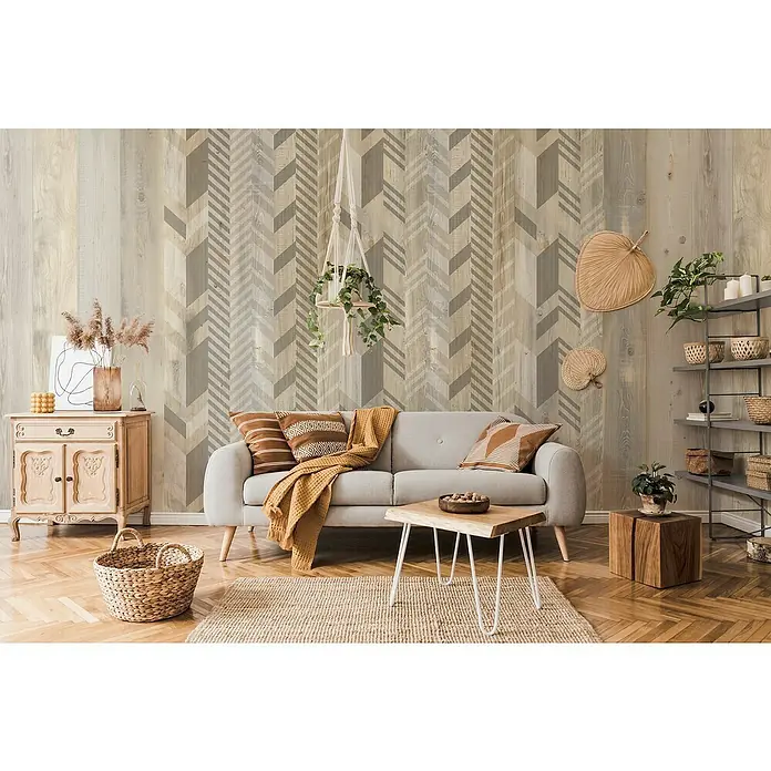 Grosfillex Wandpaneel Element 3D - Nordic, 2.600 x 375 x 8 mm - Wohnzimmer mit stilvollem Sofa und Holzmöbeln vor einer dekorativen Wand.