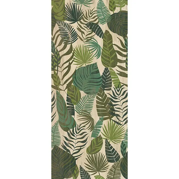 Grosfillex Wandpaneel Element 3D - Jungle Wood, 2.600 x 375 x 8 mm - Tropisches Blätter Tapetenmuster, das eine üppige, grüne Dschungelatmosphäre mit einer natürlichen Holzstruktur simuliert.
