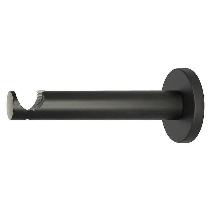 Expo Ambiente Träger Function - Schwarz, Geeignet für: Gardinenstangen Ø 20 mm, 13,1 cm - Detailaufnahme einer mattschwarzen Gardinenstangenhalterung, die Funktionalität und modernes Design vereint.\n