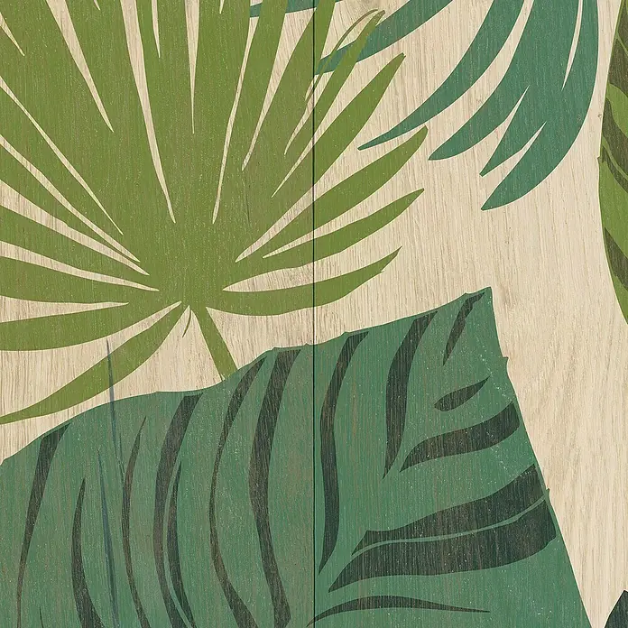Grosfillex Wandpaneel Element 3D - Jungle Wood, 2.600 x 375 x 8 mm - Tropisches Blattmuster auf Holz zeigt üppige grüne Blätter, die eine exotische und natürliche Note verleihen.