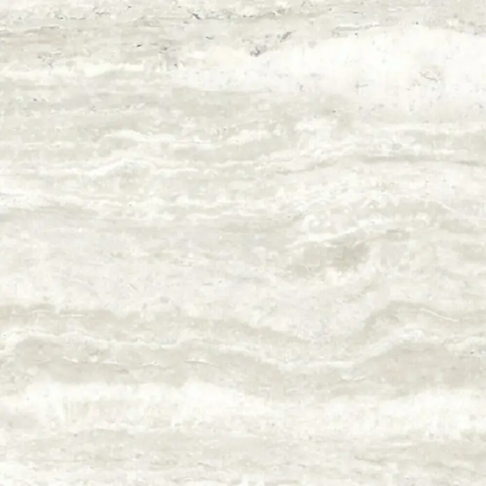 Grosfillex Wandpaneel Element 3D - Romano Bianco, 2.600 x 375 x 8 mm - Nahaufnahme eines eleganten Marmorfliesenmusters in sanften Weiß- und Beigetönen mit subtilen horizontalen Adern, ideal für moderne Innenräume.