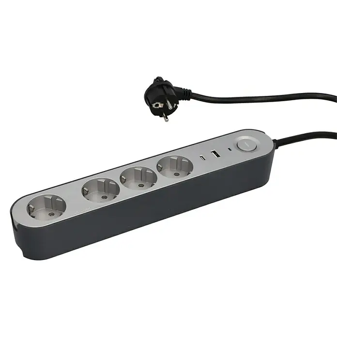 UniTEC Steckdosenleiste Greenline USB - Anzahl Steckdosen Schuko: 4 Stk., Silber, Anthrazit, Kabellänge: 1,8 m, Mit Schalter - Steckdosenleiste mit Stromkabel. Die Mehrfachsteckdose hat einen grauen Rand mit vier Steckplätzen und zwei USB-Anschlüssen.