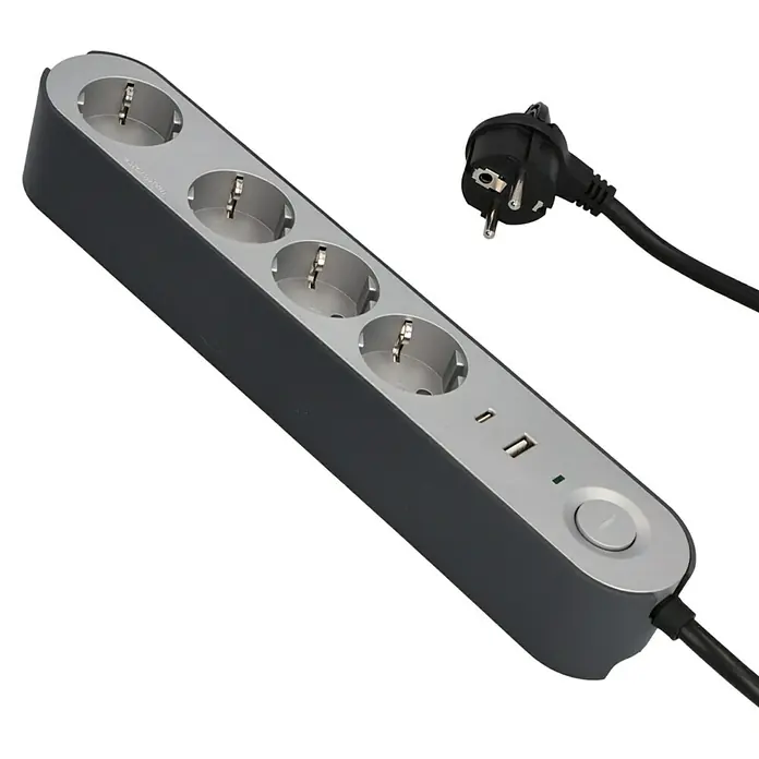 UniTEC Steckdosenleiste Greenline USB - Anzahl Steckdosen Schuko: 4 Stk., Silber, Anthrazit, Kabellänge: 1,8 m, Mit Schalter - Eine graue Steckdosenleiste mit vier Steckdosen, USB-Anschlüssen und einem schwarzen Stromkabel mit Stecker.