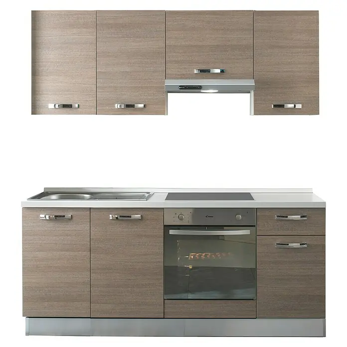 Marinelli Cucine Vormontierte Küchenzeile Rita - Breite: 195 cm, Eiche Grau, Mit Elektrogeräten - Das Bild zeigt eine moderne Küchenzeile mit Holzfronten, einem Herd, einem Ofen und einer Dunstabzugshaube. Ideal für kleine Räume.