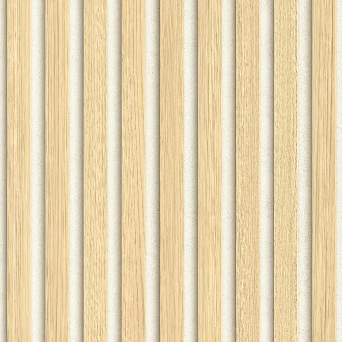 Grosfillex Wandpaneel Element 3D - Linio Bright Ash, 2.600 x 375 x 8 mm - Abwechselnd vertikale helle Holzlamellen und strukturierter beiger Untergrund.