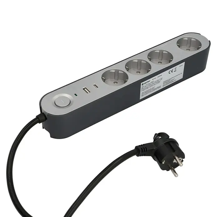 UniTEC Steckdosenleiste Greenline USB - Anzahl Steckdosen Schuko: 4 Stk., Silber, Anthrazit, Kabellänge: 1,8 m, Mit Schalter - Abbildung einer Unitec Mehrfachsteckdose mit vier Steckdosen, zwei USB-Anschlüssen, Schalter und Netzkabel mit Stecker.
