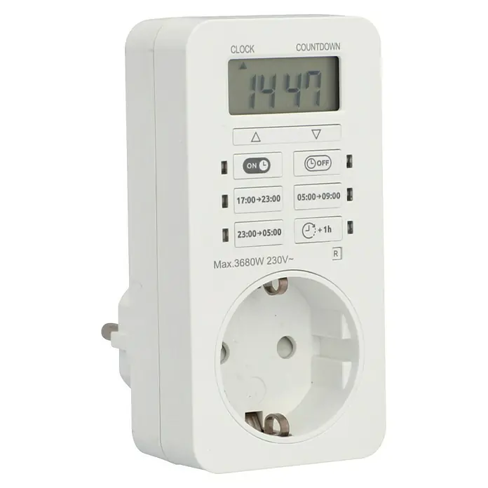 UniTEC Tages-Zeitschaltuhr Greenline Digital - Weiß, 3.680 W - Eine Zeitschaltuhr für den Innenbereich mit digitaler Anzeige und Steckdose für den Anschluss von Geräten zur zeitgesteuerten Nutzung.