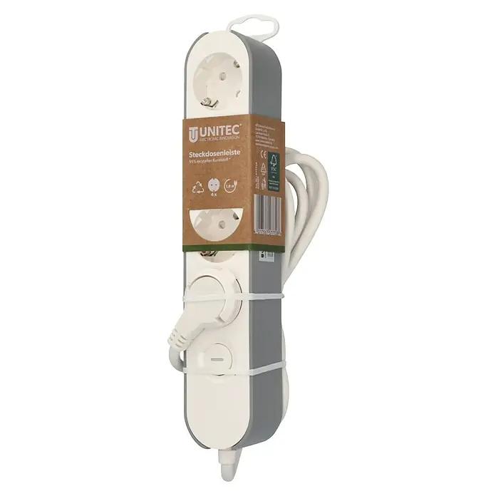 UniTEC Steckdosenleiste Greenline - Anzahl Steckdosen Schuko: 4 Stk., Weiß, Anthrazit, Kabellänge: 1,8 m, Mit Schalter - Steckdosenleiste von Unitec, mit vier Steckdosen und einem 1,5 Meter langem Kabel. Ideal für den Einsatz zu Hause oder im Büro.