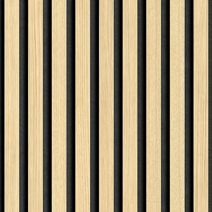 Grosfillex Wandpaneel Element 3D - Linio Ash, 2.600 x 375 x 8 mm - Holzlamellenwand mit vertikalen, hellen Holzleisten und dunklem Hintergrund.