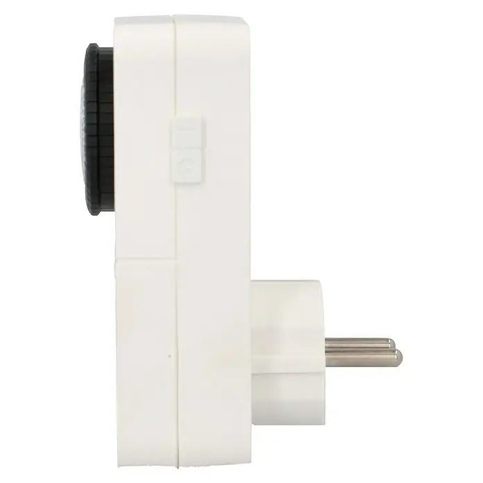 UniTEC Tages-Zeitschaltuhr Greenline Analog - Weiß, 3.680 W - Nahaufnahme eines weißen Thermostats mit schwarzem Drehknopf und zwei Tasten an einer Wand montiert.