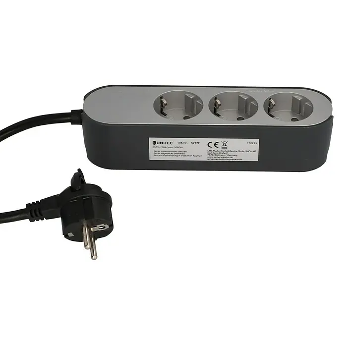 UniTEC Steckdosenleiste Greenline - Anzahl Steckdosen Schuko: 3 Stk., Weiß, Anthrazit, Kabellänge: 1,8 m, Ohne Schalter - Dreifach-Steckdosenleiste von Unitec mit einem schwarzen Kabel und einem Stecker, ideal für den Einsatz im Innenbereich.