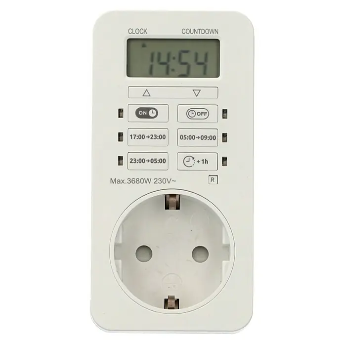 UniTEC Tages-Zeitschaltuhr Greenline Digital - Weiß, 3.680 W - Eine Zeitschaltuhr mit digitaler Anzeige und Steckdose, um Geräte zeitgesteuert zu schalten.