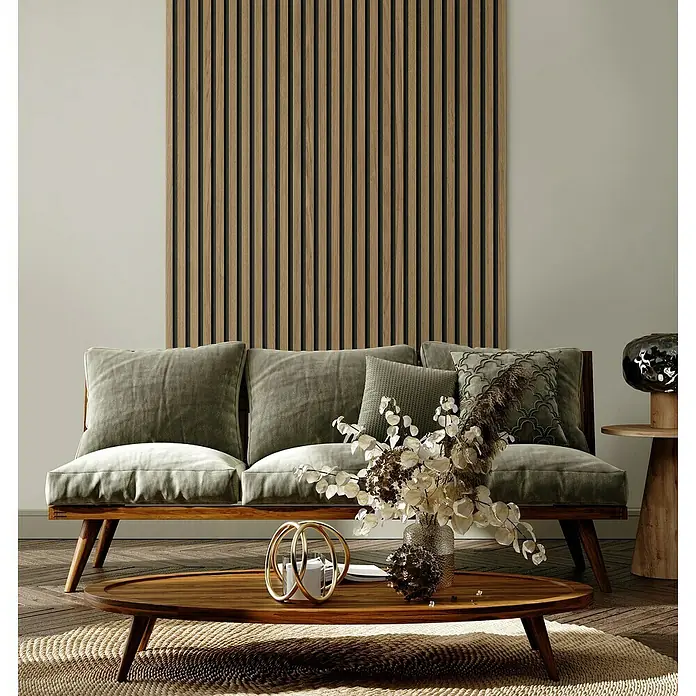 Grosfillex Wandpaneel Element 3D - Linio Light, 2.600 x 375 x 8 mm - Elegantes Wohnzimmer-Interieur mit stilvollem Sofa, Holztisch und dekorativen Elementen, die eine gemütliche Atmosphäre schaffen.