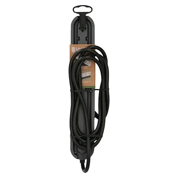 UniTEC Steckdosenleiste Greenline USB - Anzahl Steckdosen Schuko: 4 Stk., Silber, Anthrazit, Kabellänge: 1,8 m, Mit Schalter - Das Bild zeigt eine Unitec Steckdosenleiste mit einem aufgerolltem Kabel, das mit einem Kabelbinder zusammengehalten wird. Die Leiste ist dunkelgrau.