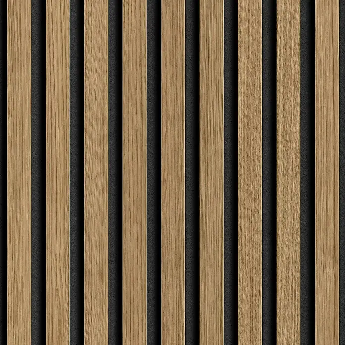 Grosfillex Wandpaneel Element 3D - Linio Light, 2.600 x 375 x 8 mm - Holzpaneele: Eine Nahaufnahme zeigt vertikale Holzpaneele mit dunklen Zwischenräumen, ideal für moderne Wandverkleidungen und Innendesign.