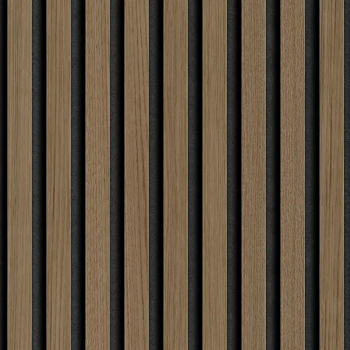 Grosfillex Wandpaneel Element 3D - Linio Walnut, 2.600 x 375 x 8 mm - Holzlamellenwand: Elegante Wandverkleidung mit vertikalen Holzlamellen und dunklen Zwischenräumen, ideal für modernes Interior Design und Akustikverbesserung.