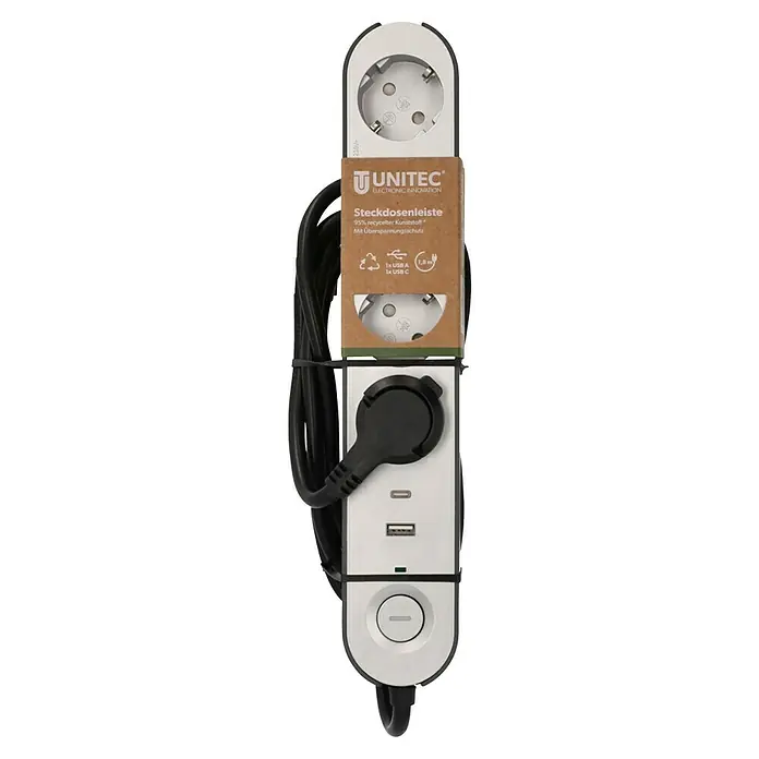 UniTEC Steckdosenleiste Greenline USB - Anzahl Steckdosen Schuko: 4 Stk., Silber, Anthrazit, Kabellänge: 1,8 m, Mit Schalter - Steckdosenleiste von Unitec: Eine weiße Steckdosenleiste mit USB-Anschlüssen, verpackt in einer recyclebaren Kartonverpackung.