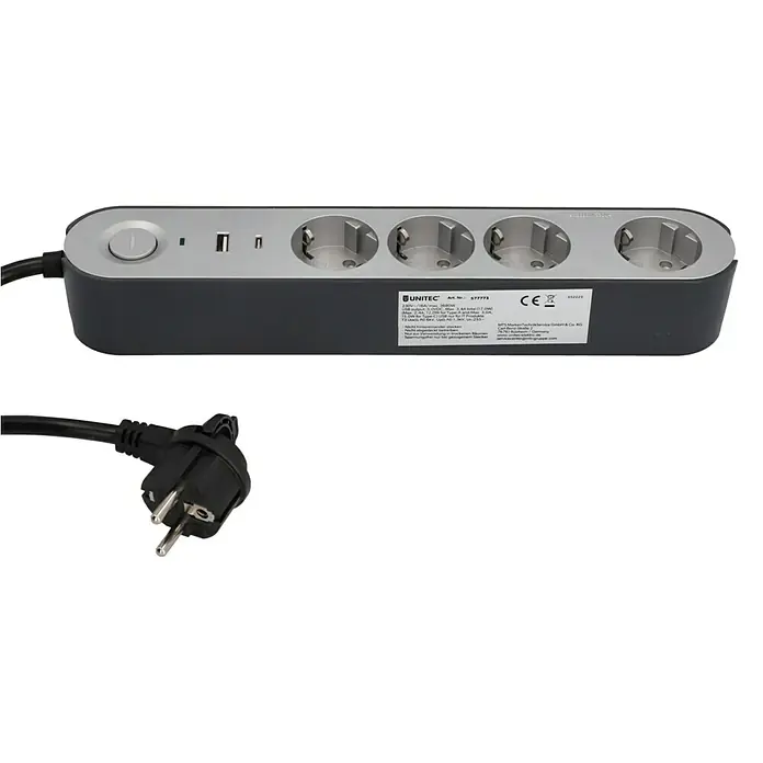 UniTEC Steckdosenleiste Greenline USB - Anzahl Steckdosen Schuko: 4 Stk., Silber, Anthrazit, Kabellänge: 1,8 m, Mit Schalter - Steckdosenleiste mit vier Steckdosen, zwei USB-Anschlüssen und einem Netzschalter für den Innenbereich.