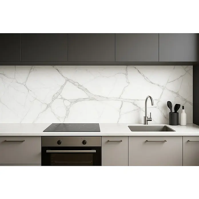 Inspiro Revestimiento de pared de PVC Spring - 75 x 45 cm, Blanco - Fregadero con grifo, estufa y encimera negra en una cocina moderna con armarios grises y encimera de mármol.