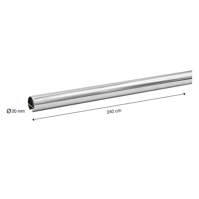 Expo Ambiente Halbprofil - Chrom, Anzahl Läufe: 1 Stk., Länge: 240 cm - Produktbild einer silberfarbenen Duschstange mit den Maßen Ø20 mm x 240 cm. Die Stange ist glänzend und hat eine Nut auf der Unterseite.