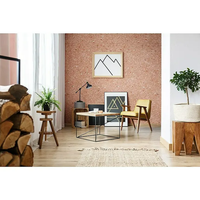 Grosfillex Wandpaneel Element 3D - Terrazzo Rose, 2.600 x 375 x 8 mm - Das Wohnzimmer verfügt über einen schwarzen Couchtisch mit einem hellen Holzregal, der perfekt zum Interieur passt.