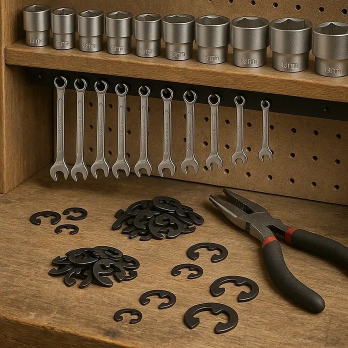 Suki Aro de fijación E Clip - Acero para muelle, Diámetro: 10 mm - Juego de herramientas con vasos, llaves, anillos de retención y alicates, todo dispuesto sobre un banco de madera.