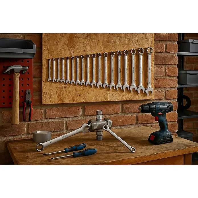 Connex Llave combinada - Ancho de llave: 24 mm - Pared de herramientas con llaves y herramientas exhibidas en un banco de trabajo.