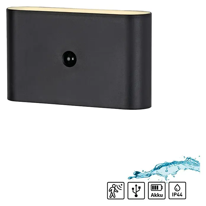 Just Light Akku-Wandleuchte Ziddy - 16 x 6,5 x 9,8 cm, Schwarz, Warmweiß, 3,7 W, IP44 - Schwarze Wandleuchte mit Bewegungsmelder, USB-Anschluss, Akkuanzeige und IP44-Schutz für den Außenbereich. Robust und stilvoll.