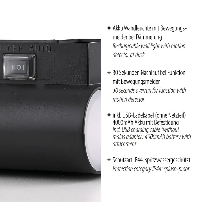 Just Light Akku-Wandleuchte Ziddy - 16 x 6,5 x 9,8 cm, Schwarz, Warmweiß, 3,7 W, IP44 - Akku-Wandleuchte mit Bewegungsmelder und USB-Ladekabel. Spritzwassergeschützt (IP44) mit 4000mAh Akku für zuverlässige Beleuchtung.