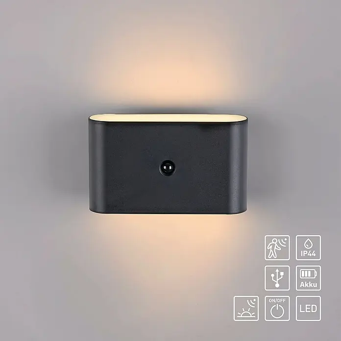 Just Light Akku-Wandleuchte Ziddy - 16 x 6,5 x 9,8 cm, Schwarz, Warmweiß, 3,7 W, IP44 - Moderne, schwarze Wandleuchte mit Bewegungssensor, ideal für den Außenbereich. Das Licht ist energiesparend und einfach zu montieren.