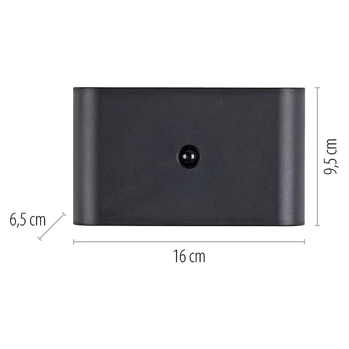 Just Light Akku-Wandleuchte Ziddy - 16 x 6,5 x 9,8 cm, Schwarz, Warmweiß, 3,7 W, IP44 - Eine Nahaufnahme einer schwarzen, rechteckigen Außenleuchte mit den Maßen 16 cm Breite, 9,5 cm Höhe und 6,5 cm Tiefe.