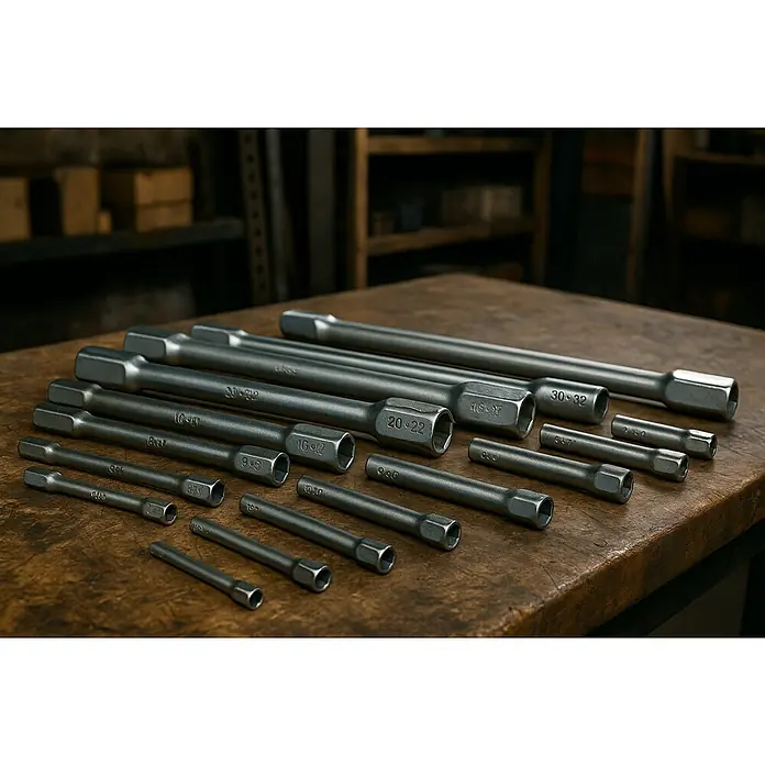 Matador Llave de tubo - Diámetro de agujero / pasador: 8 mm - 10 mm, Largo: 115 mm, Acero especial endurecido - Una foto de primer plano de varios tamaños de extensiones de zócalo dispuestas sobre una superficie de madera con textura. Herramientas para profesionales.
