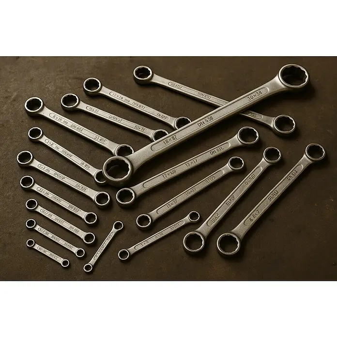 Matador Llave de anillo doble - 20 mm - 22 mm, DIN 838 - Primer plano de una colección de llaves fijas plateadas de diferentes tamaños, dispuestas sobre una superficie oscura.