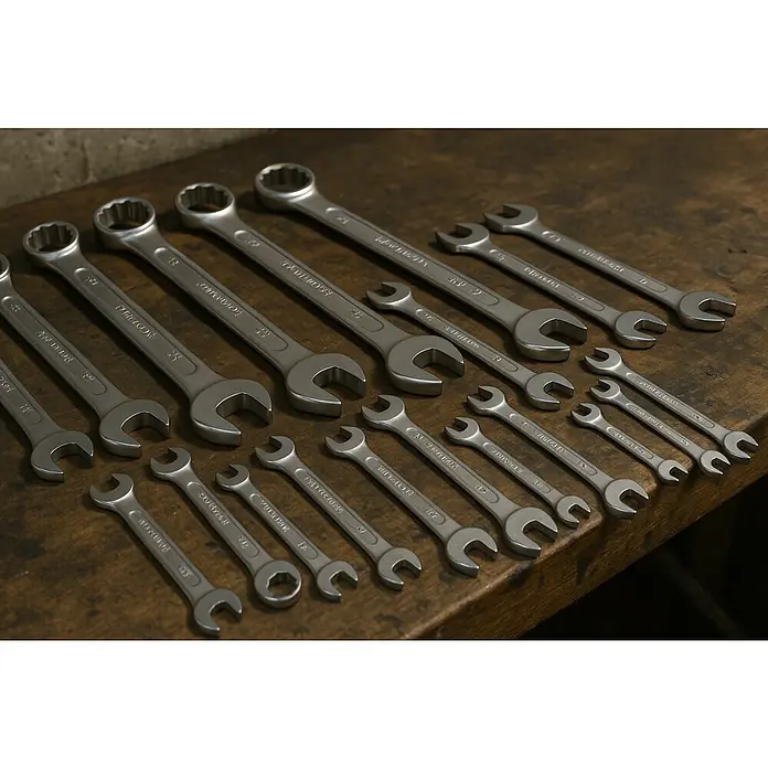 Matador Llave combinada - Ancho de llave: 10 mm, DIN 3113 A - Una colección de llaves inglesas THOMSON de varios tamaños, dispuestas sobre una mesa de madera. Perfecto para cualquier taller.