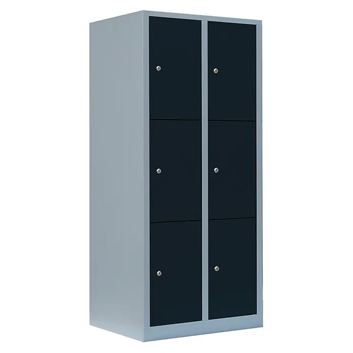 Lüllmann Schließfachschrank - H x B x T: 180 x 80 x 50 cm, Lichtgrau/Anthrazit, Fertig montiert, Anzahl Fächer: 6 Stk. - Grauer Spind mit sechs blauen Fächern und silbernen Schlössern. Ideal für Schule oder Arbeitsplatz zur sicheren Aufbewahrung persönlicher Gegenstände.