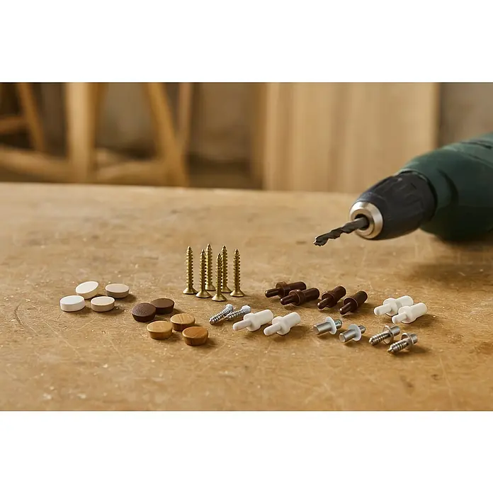 Abdeckkappe - Durchmesser: 18 mm, Weiß - Nahaufnahme von Holzreparatur-Zubehör und einem Bohrer auf einer Werkbank, ideal für Heimwerkerprojekte und Reparaturen.