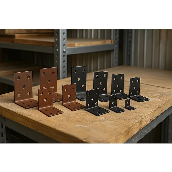 Alberts Lochplattenwinkel Duravis® - L x B x H: 80 x 80 x 80 mm, Schwarz - Nahaufnahme einer Sortiment von Winkelverbinder aus Metall in verschiedenen Größen und Farben auf einer Holzoberfläche.