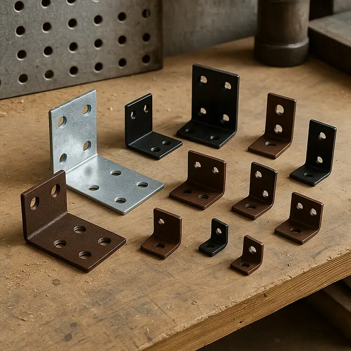 Alberts Winkelverbinder Duravis® - L x B x H: 40 x 40 x 40 mm, Braun, Stärke: 2 mm - Nahaufnahme von verschiedenen Größen und Farben von Winkelverbindern auf einem Holztisch.
