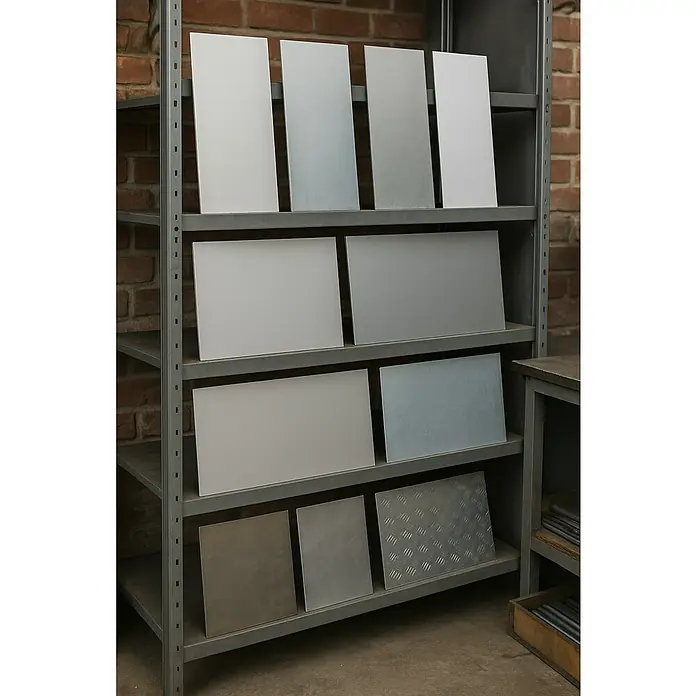 Kantoflex Glattblech - 1.000 x 120 mm, Stärke: 0,5 mm, Stahl, Verzinkt - Regal mit verschiedenen Aluminiumplatten, die unterschiedliche Oberflächen und Texturen aufweisen und eine vielseitige Auswahl bieten.