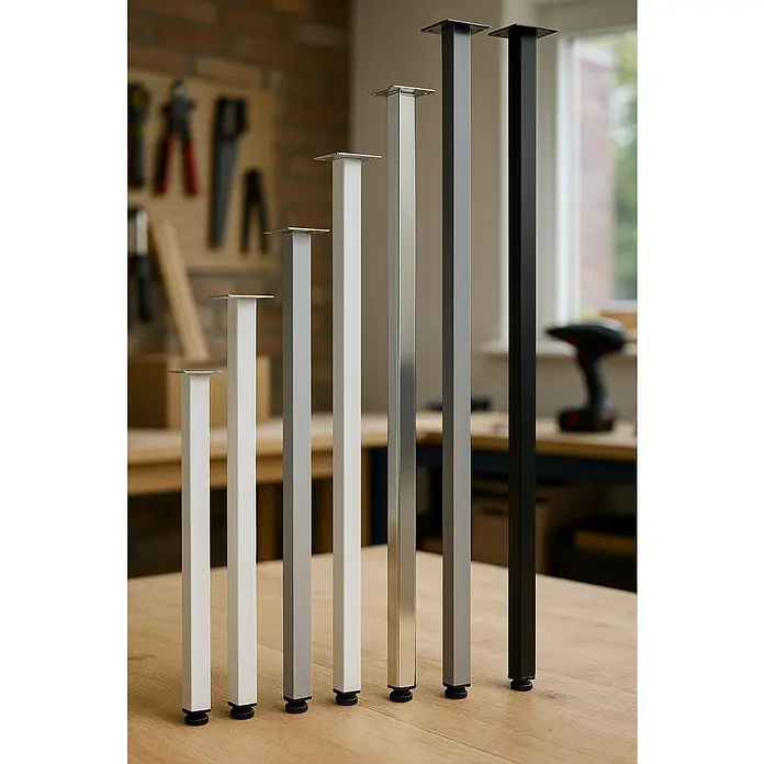 Element System Pata para muebles - Ø x Al: 3 x 50 cm, Capacidad de carga: 50 kg, Acero - Gama de patas de mesa de diferentes alturas y colores expuestas sobre una mesa de madera.