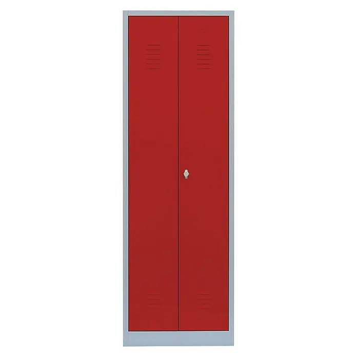 Lüllmann Doppelspind - H x B x T: 180 x 50 x 50 cm, Lichtgrau/Feuerrot, Fertig montiert, Anzahl Fächer: 2 Stk. - Roter Metallschrank mit zwei Türen und silbernem Rahmen. Ideal für Schulen oder Umkleideräume, bietet sicheren Stauraum.