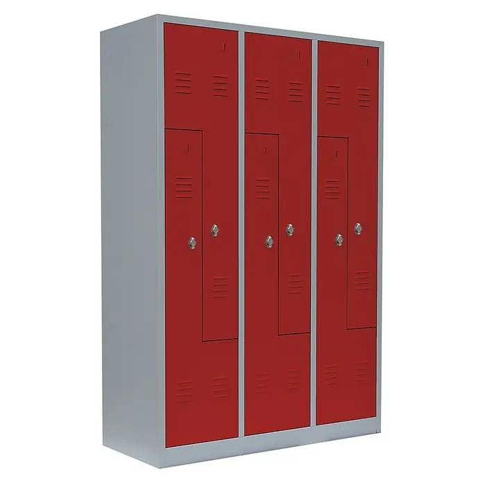 Lüllmann Z-Spind - H x B x T: 180 x 118,5 x 50 cm, Lichtgrau/Feuerrot, Fertig montiert, Anzahl Fächer: 6 Stk. - Ein dreiteiliger Spindschrank mit roten Türen und grauem Rahmen, ideal für Umkleideräume.