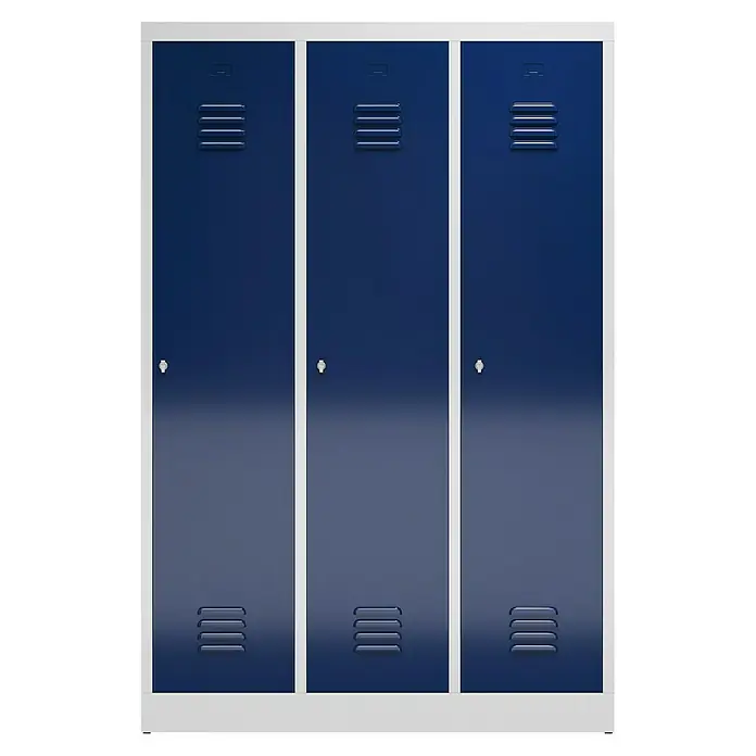 Lüllmann ClassiX Spind mit S/W-Trennung - H x B x T: 180 x 118,5 x 50 cm, Lichtgrau/Enzianblau, Fertig montiert, Anzahl Fächer: 3 Stk. - Dreifach-Spind in Blau und Weiß mit Belüftungsschlitzen oben und unten für eine gute Luftzirkulation. Ideal für Umkleideräume.